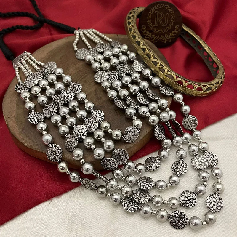 women’s matching necklace-FS Collection Oxidised Plated Pota Stone Long Necklace Set