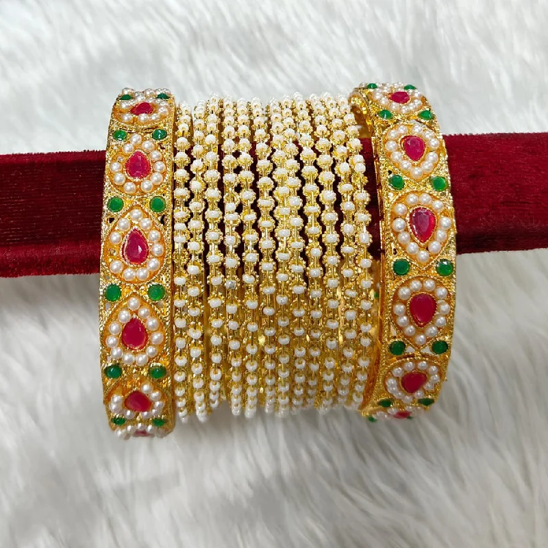 women’s fine engagement rings-women’s stacked bracelets-Manisha Jewellery Gold Plated Crystal Stone And Pearl Bangles Set