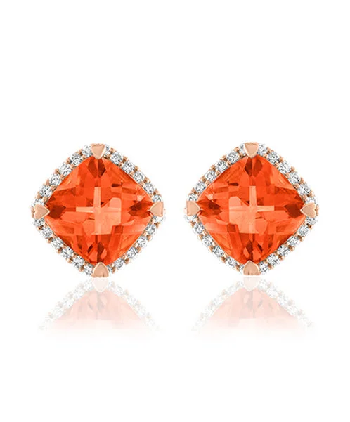 women’s dangling earrings-Fire Opal Cushion Shaped Stud Earrings with Diamonds 292-JSA