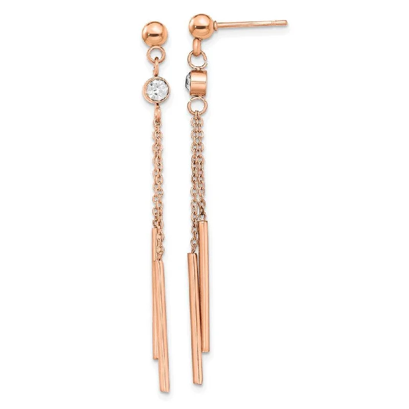 women’s boho earrings-Stainless Steel Polished Rose IP-plated w/Crystal Bar Post Dangle Earrings