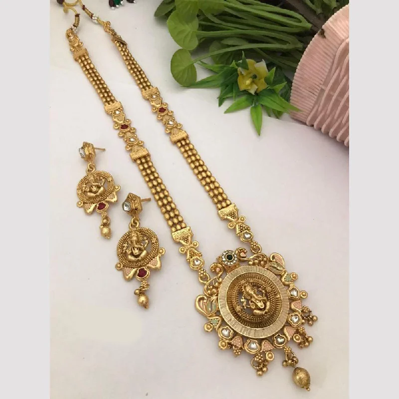 women’s silver pendant necklace-FS Collection Gold Plated Kundan Stone And Meenakari Lord Ganesha Necklace Set