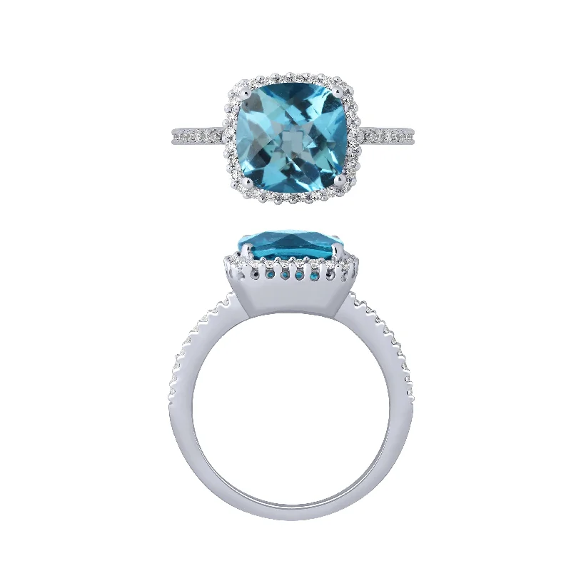 women’s wedding rings-14K White Gold Cushion Topaz Halo Ring