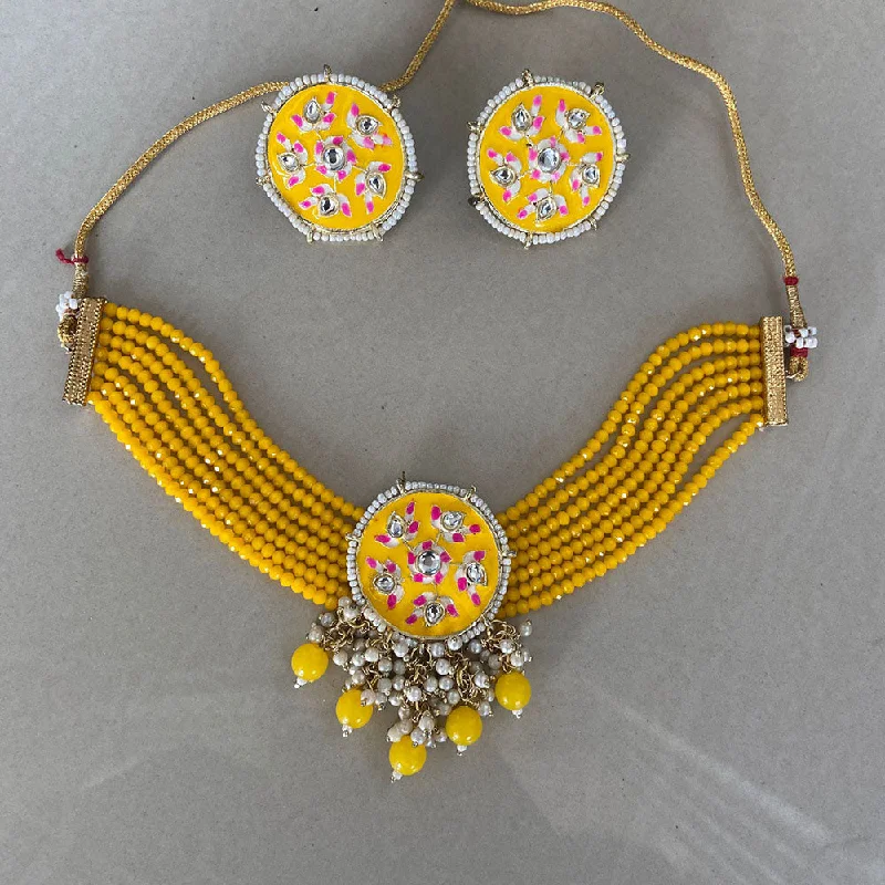 women’s layered necklace-India Art Gold Plated Beads And Pearls Meenakari Choker Necklace Set