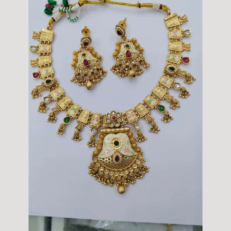 women’s gold bar pendant necklace-Manisha Jewellery Gold Plated Pota Stone And Beads Meenakari Necklace Set