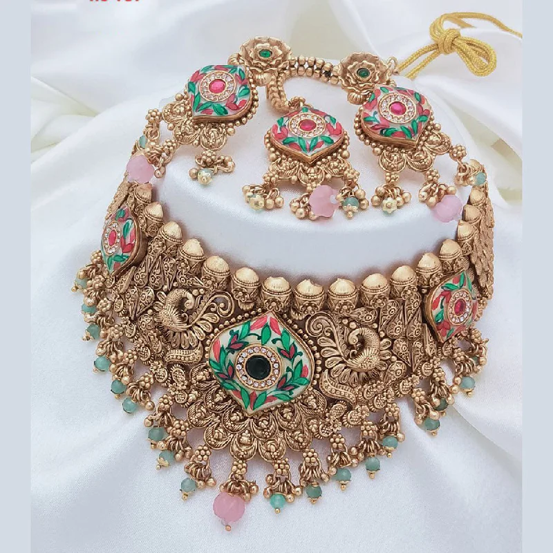 women’s gemstone layered necklace-Akruti Collection Gold Plated Pota Stone And Pearls Meenakari Choker Necklace Set