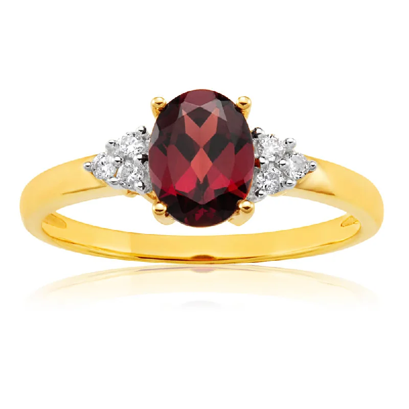 9ct Yellow Gold 4x6mm 1.4ct Oval Garnet + Diamond Ring