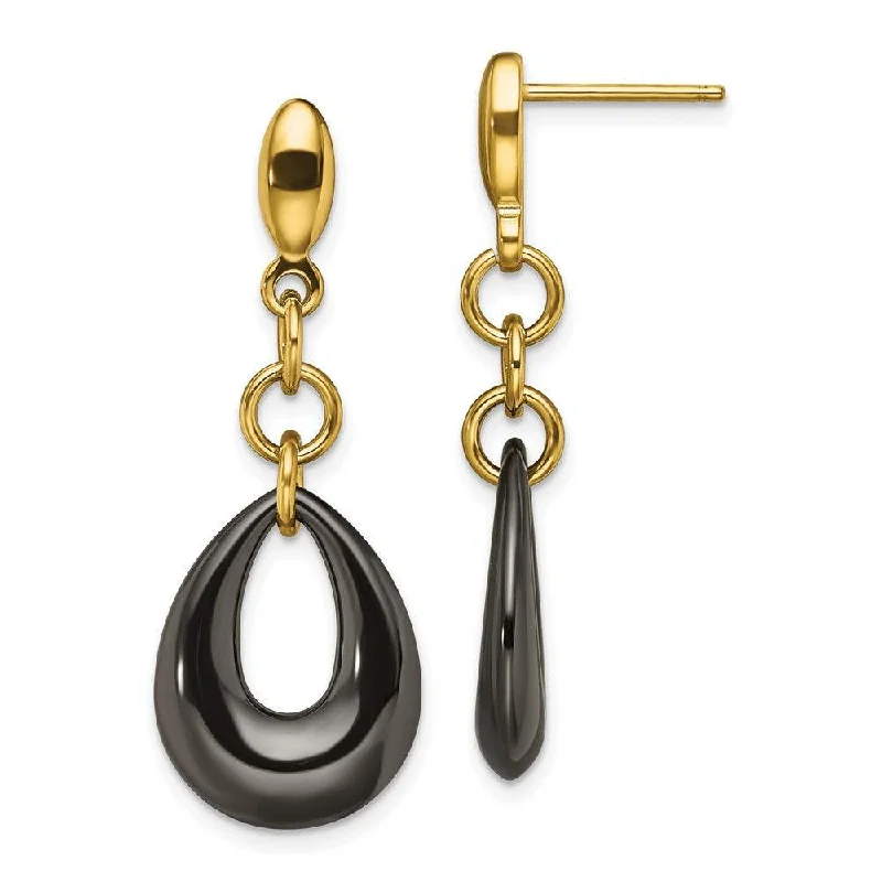 women’s oversized earrings-Stainless Steel Polished Yellow IP Blk Ceramic Post Dangle Earrings