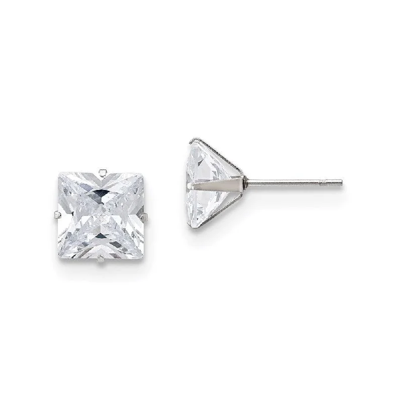 women’s vintage diamond earrings-Stainless Steel Polished 9mm Square CZ Stud Post Earrings