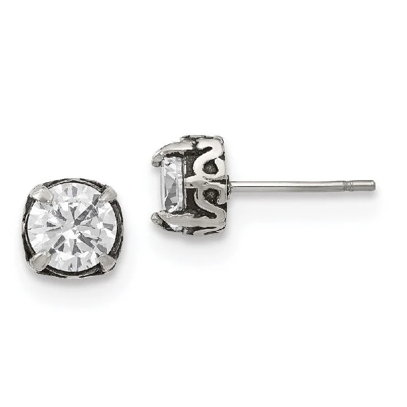 women’s chanderlier earrings-Stainless Steel Antiqued and Polished CZ Post Earrings