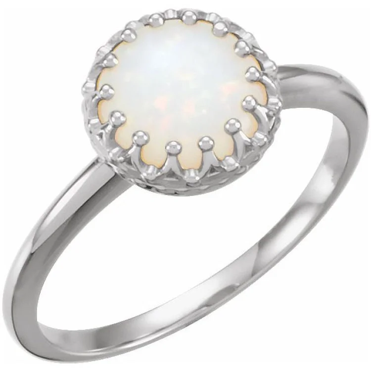 women’s white gold rings-14K White 8 mm Natural White Opal Crown Cabochon Ring