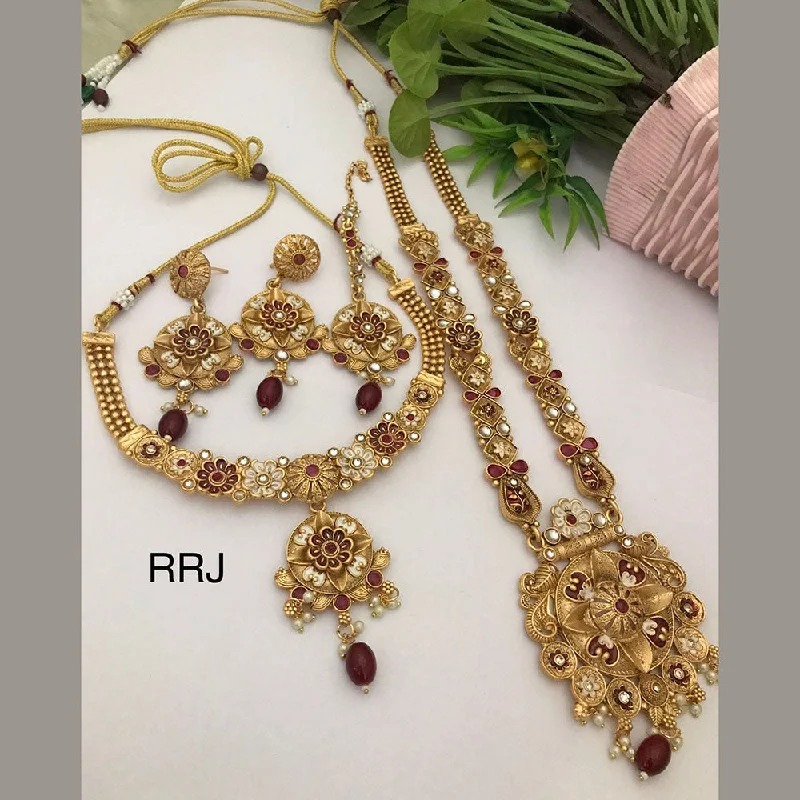 women’s pearl and diamond necklace-FS Collection Gold Plated Pota Stone And Beads Combo Necklace Set