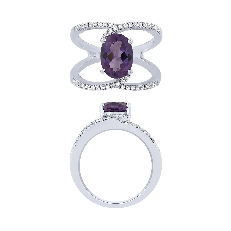 women’s vintage-inspired rings-14K White Gold Diamond And Amethyst Fashion Ring