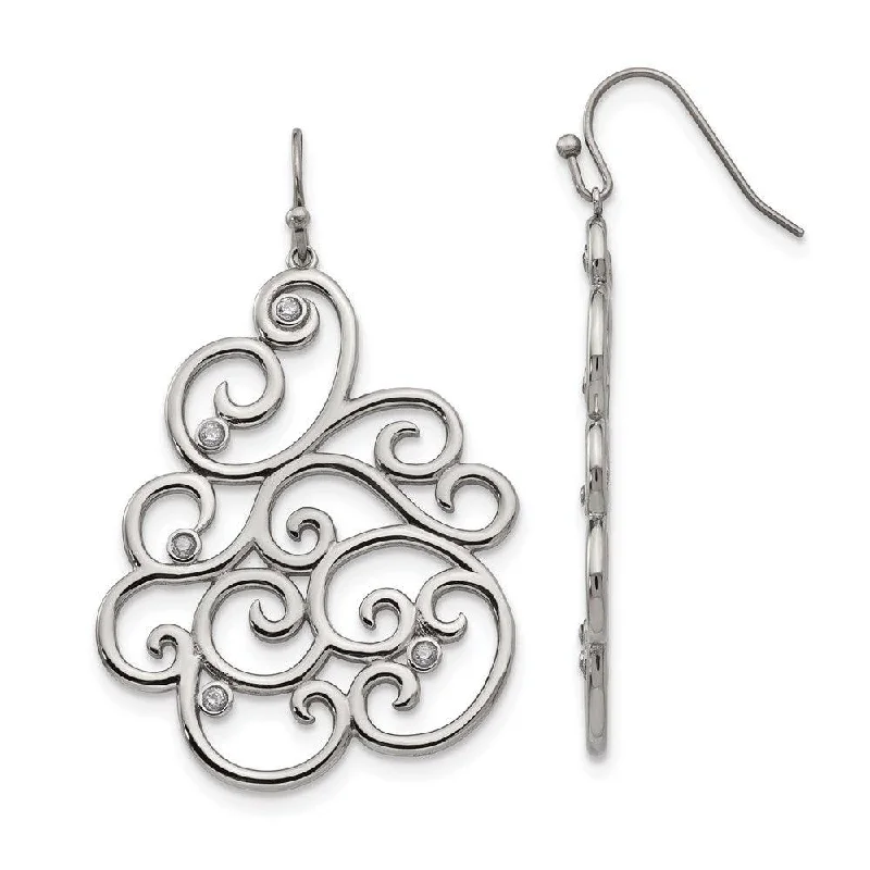 women’s hoop and stud earrings-Stainless Steel Polished Filigree CZ Dangle Shepherd Hook Earrings