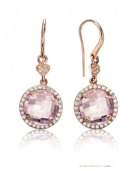 women’s trendy earrings-Rose quartz round drop earrings with diamonds 353-JSA