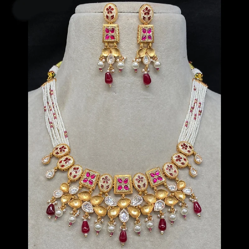 women’s rose gold necklace-Amoliya Jewels Gold Plated Polki Kundan Stone And Beads Meenakari Necklace Set