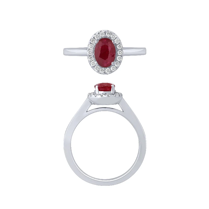 women’s multi-stone ring-14K White Gold Ruby And Diamond Halo Ring