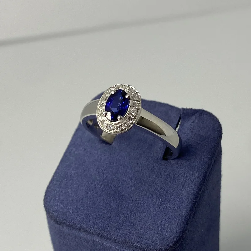 White Gold Oval-Shape Natural Sapphire and Diamond Ring