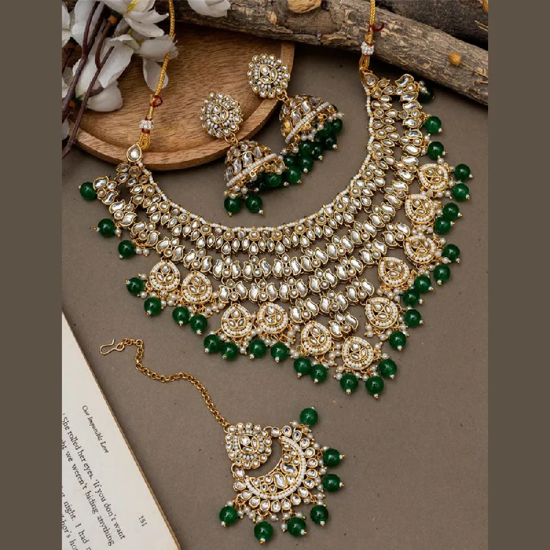 women’s choker necklace-India Art Gold Plated Kundan Stone And Pearls Choker Necklace Set