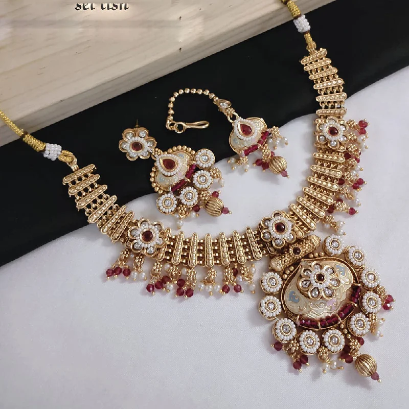 women’s gemstone layered necklace-Akruti Collection Gold Plated Pota Stone And Pearls Meenakari Necklace Set