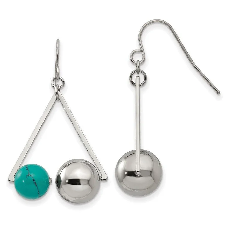 women’s gold diamond earrings-Stainless Steel Polished Triangle w/Imit.Turquoise Beads Earrings