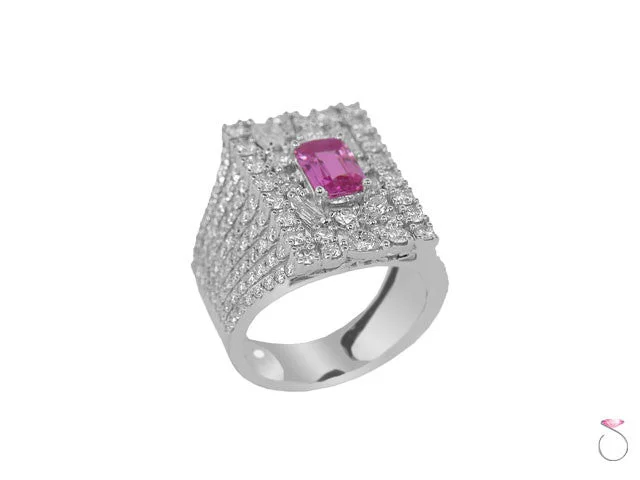 Emerald Cut Pink Sapphire & Diamond Ring in 18K