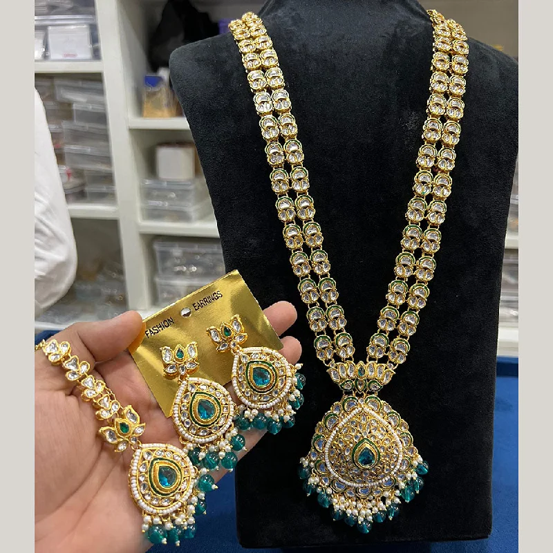 women’s crystal necklace-Hira Collections Gold Plated Kundan Stone And Beads Long Necklace Set