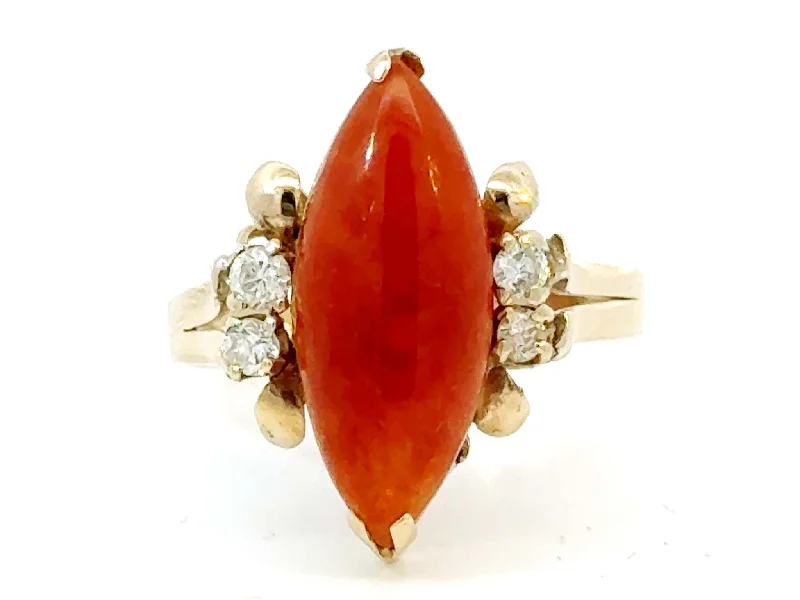 Marquise Red Jade Diamond Ring 14k Yellow Gold