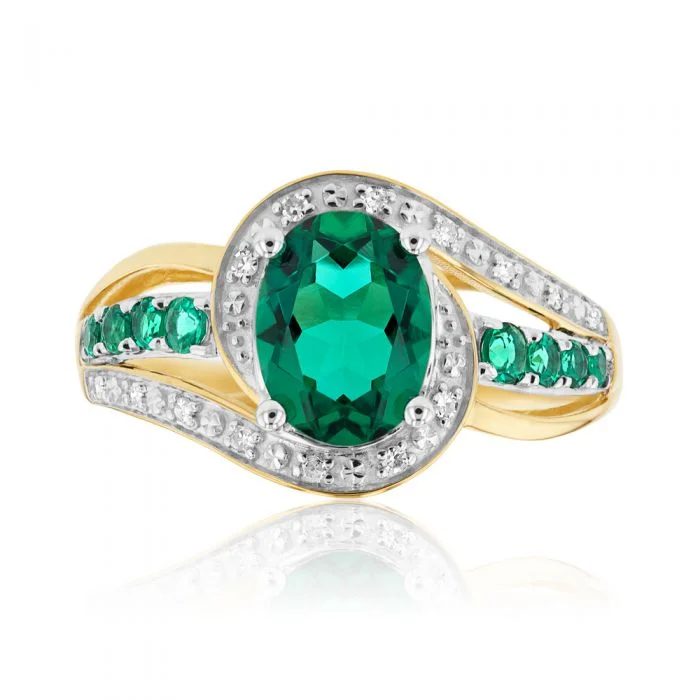 9ct Yellow Gold Created Emerald and Diamond Ring