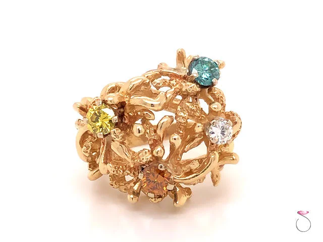 Coral Design Fancy Color Diamond Ring in 14k Yellow Gold