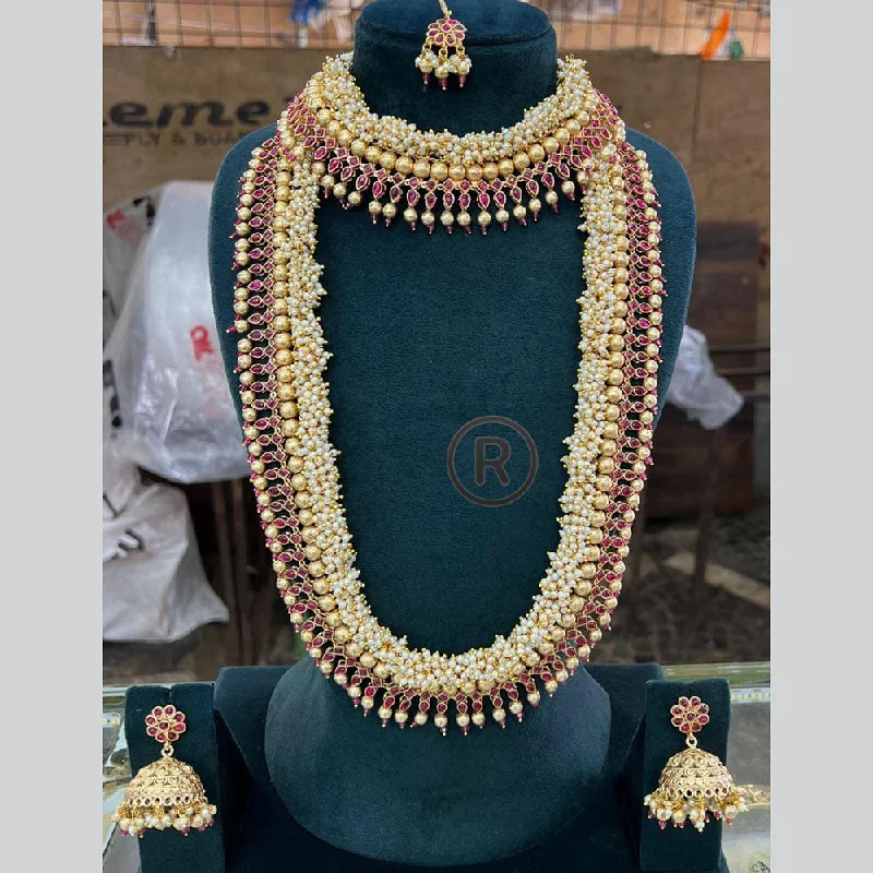 women’s jade necklace-Manisha Jewellery Gold Plated Potal Stone And Pearls Double Necklace Set