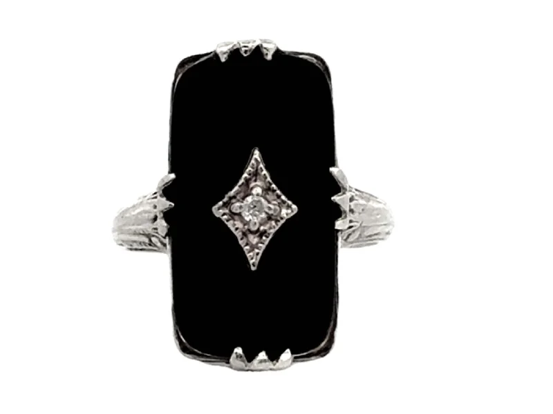 Black Onyx Rectangle Diamond Ring 14K White Gold