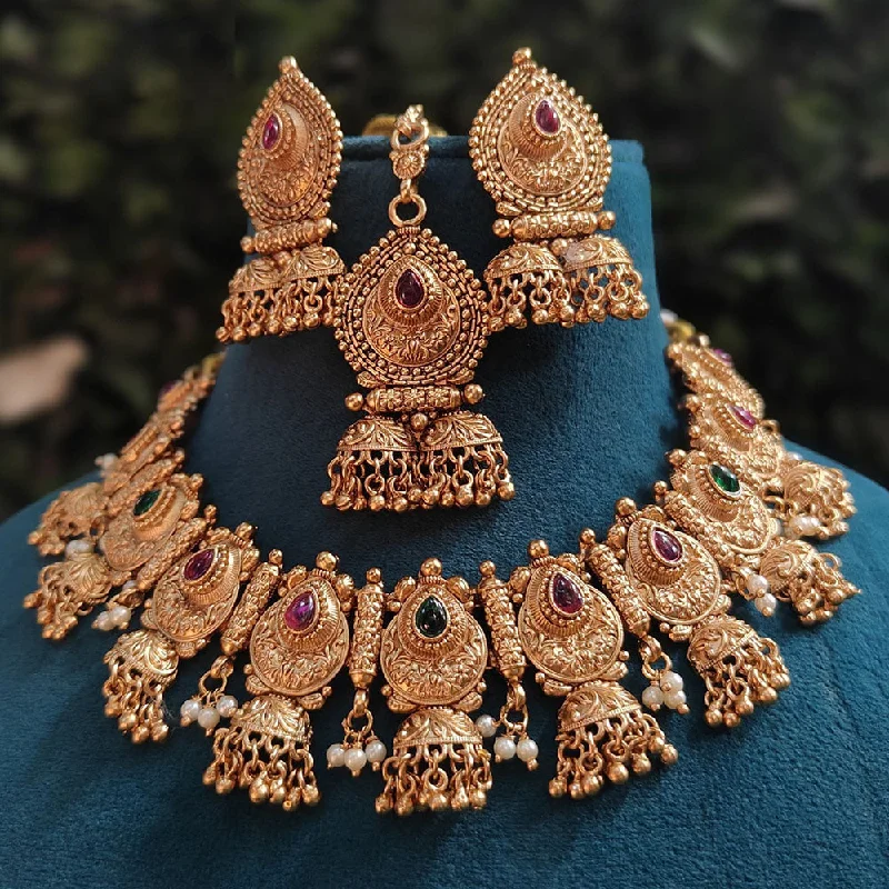 women’s gold necklace-Royal Kundan Jewellery Gold Plated  Pota Stone And Pearls Choker Necklace Set