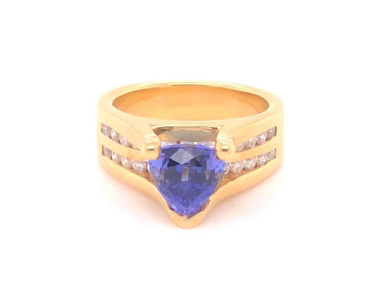 Blue Purple Trilliant Tanzanite and Diamond Ring-18k Yellow Gold