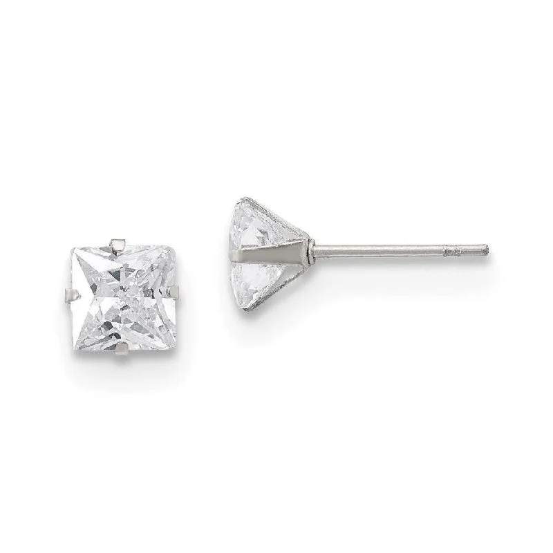 women’s fashion earrings-Stainless Steel Polished 6mm Square CZ Stud Post Earrings