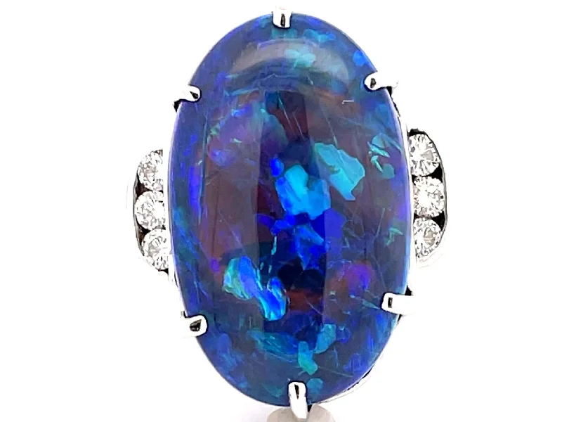 Large Australian Lightning Ridge Black Opal and Diamond Ring in 18k White Gold