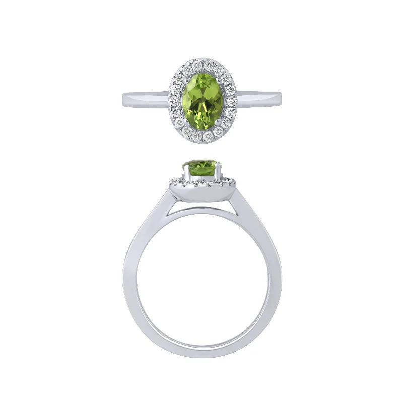 women’s solitaire rings-14K White Gold Peridot And Diamond Halo Ring