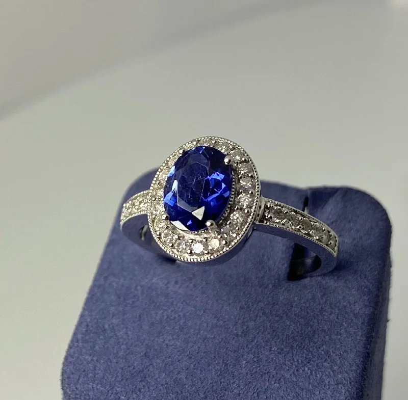 White Gold Oval-Shape Natural Tanzanite and Diamond Ring