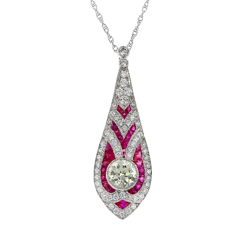 women’s rose gold pendant necklace-Platinum Diamond and Ruby Pendant Necklace