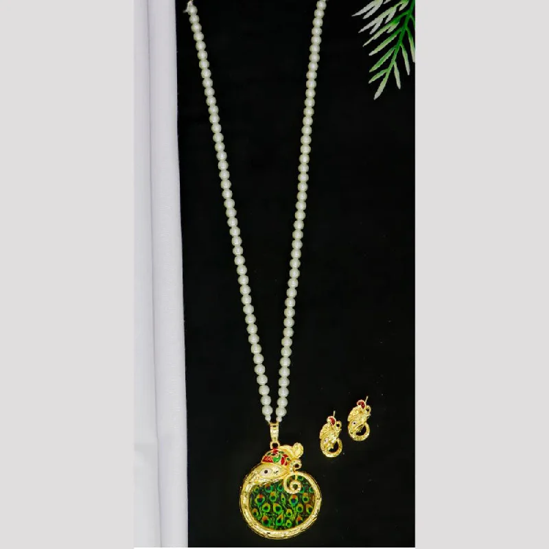 women’s jade necklace-Mahavir Gold Plated Pearls Long Meenakari Necklace Set