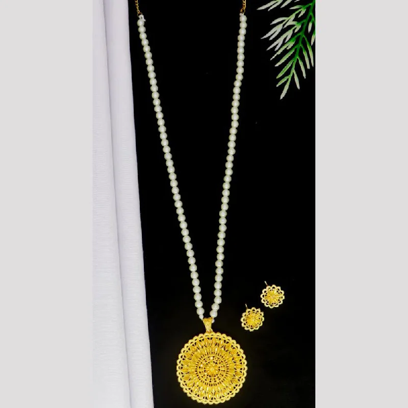 women’s elegant necklace-Mahavir Gold Plated Pearls Long Necklace Set