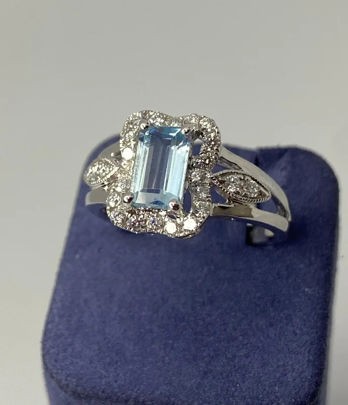 White Gold Emerald-Cut Natural Aquamarine and Diamond Ring