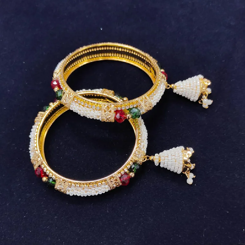 women’s antique engagement rings-women’s engraved bracelet-Pooja Bangles Gold Plated Austrian Stone And Pearls Bangles  Set