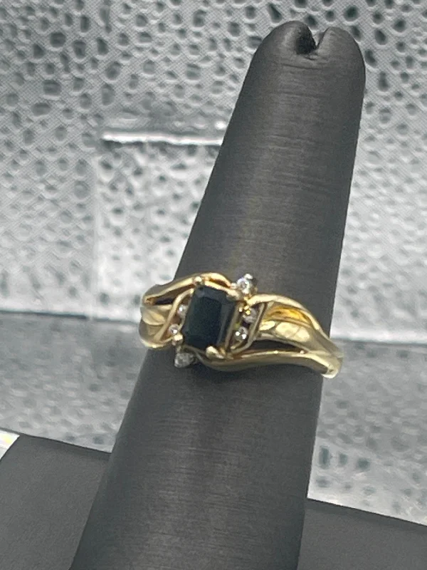 Ladies 14 Karat Solid Yellow Gold Blue Sapphire and Diamond Ring