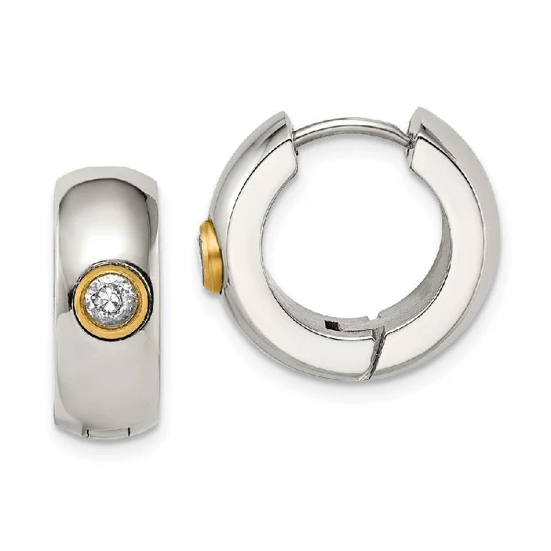 women’s butterfly stud earrings-Stainless Steel CZ & Yellow IP-plated Hinged Hoop Earrings