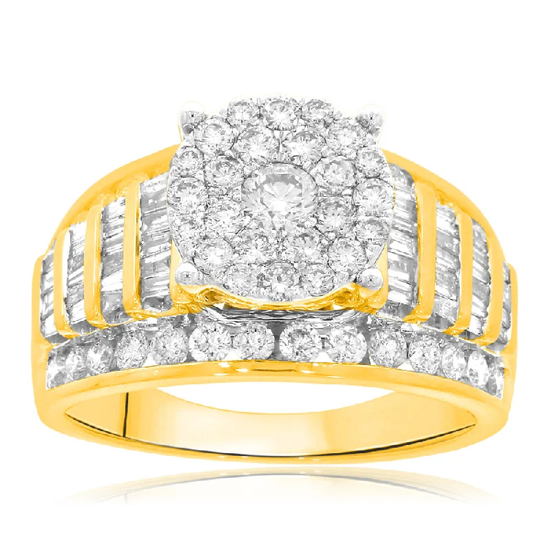 9ct Yellow Gold 2 Carat Diamond Ring set with 53 Brilliant and 44 Taperd Diamonds