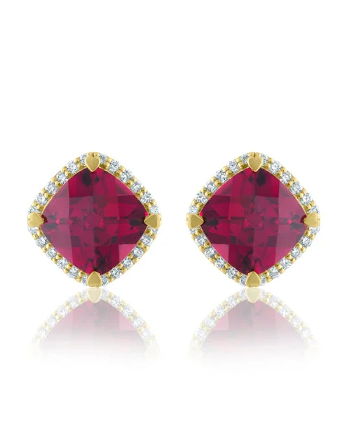 women’s vintage earrings-Rhodolite Garnet Cushion Shaped Stud Earrings with Diamonds 294-JSA