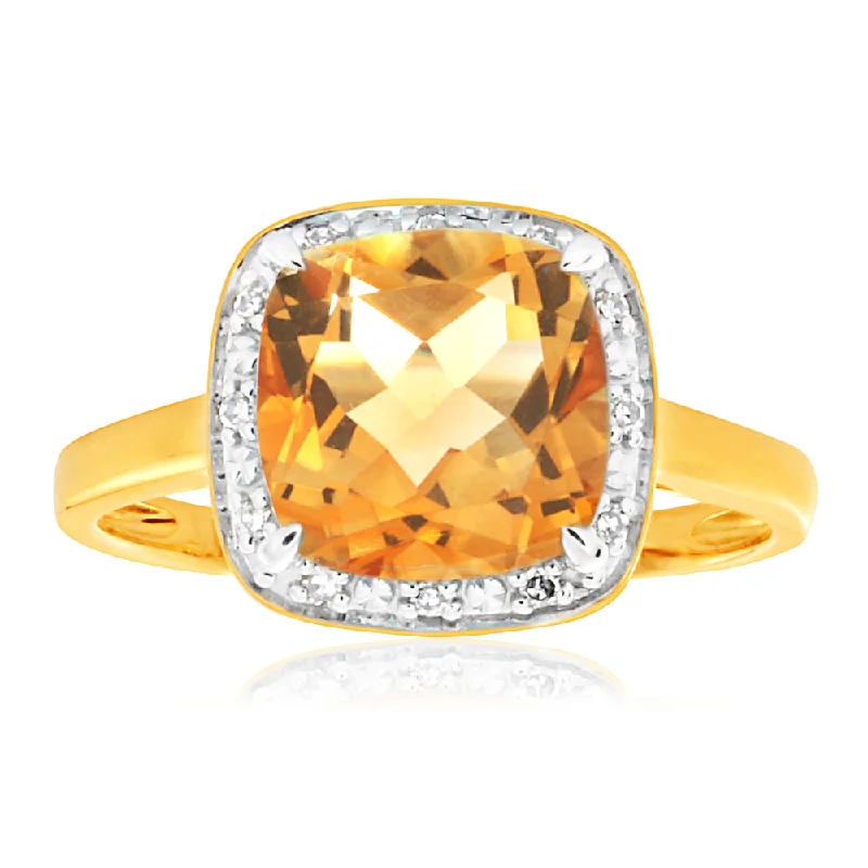 9ct Yellow Gold 2ct Citrine and Diamond Ring