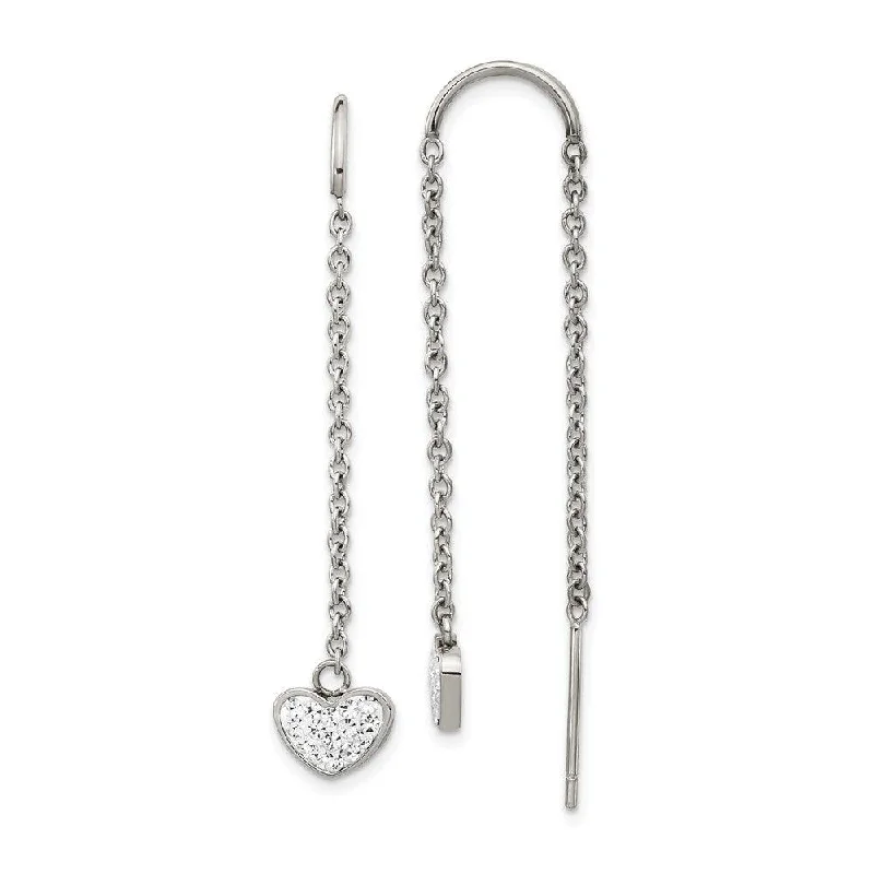 women’s birthday earrings-Stainless Steel Polished w/Preciosa Crystal Heart Threader Earrings