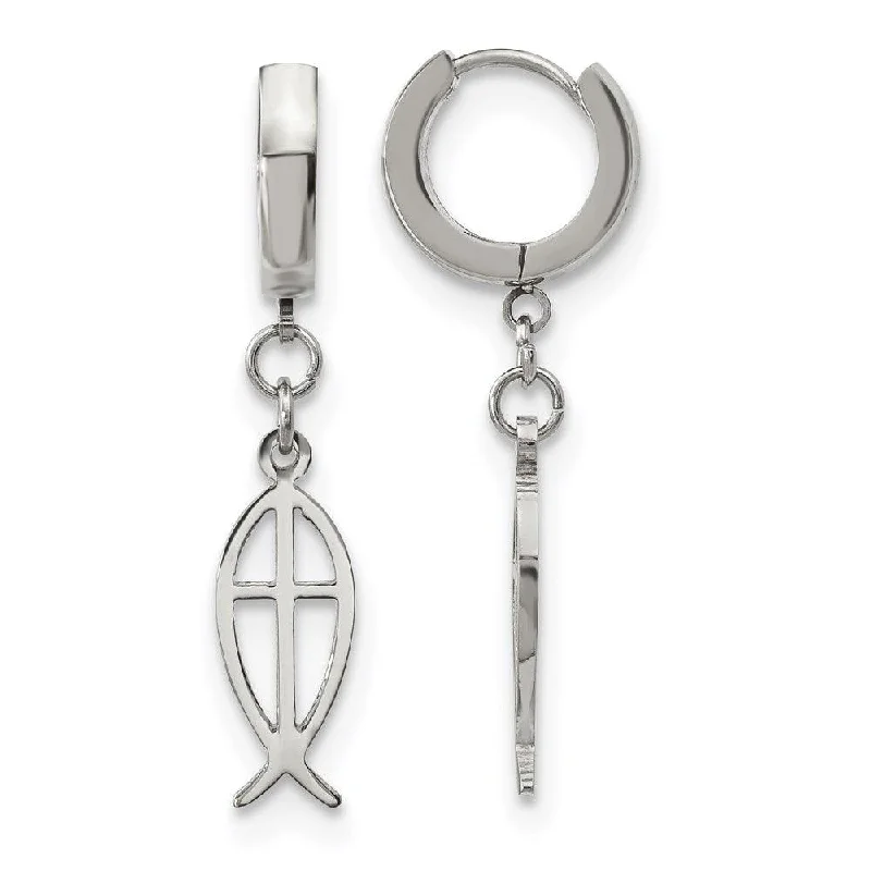 women’s oversized earrings-Stainless Steel Polished Ichthus Hinged Hoop Dangle Earrings