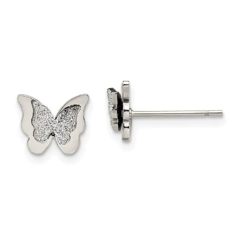 women’s flower stud earrings-Stainless Steel Polished Glitter Butterfly Post Earrings